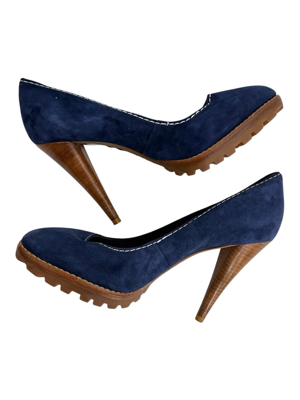 Dune Navy Suede Platform Pumps Wooden Heel Shoes Size 39 EU / US 8 Minimalist